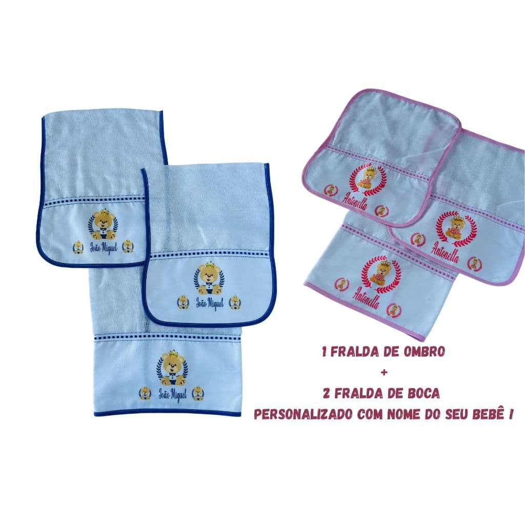 Kit 1 Fralda de Ombro + 2 Fraldas de boca - Tecido Fralda - PERSONALIZADO COM NOME DO SEU BEBÊ
