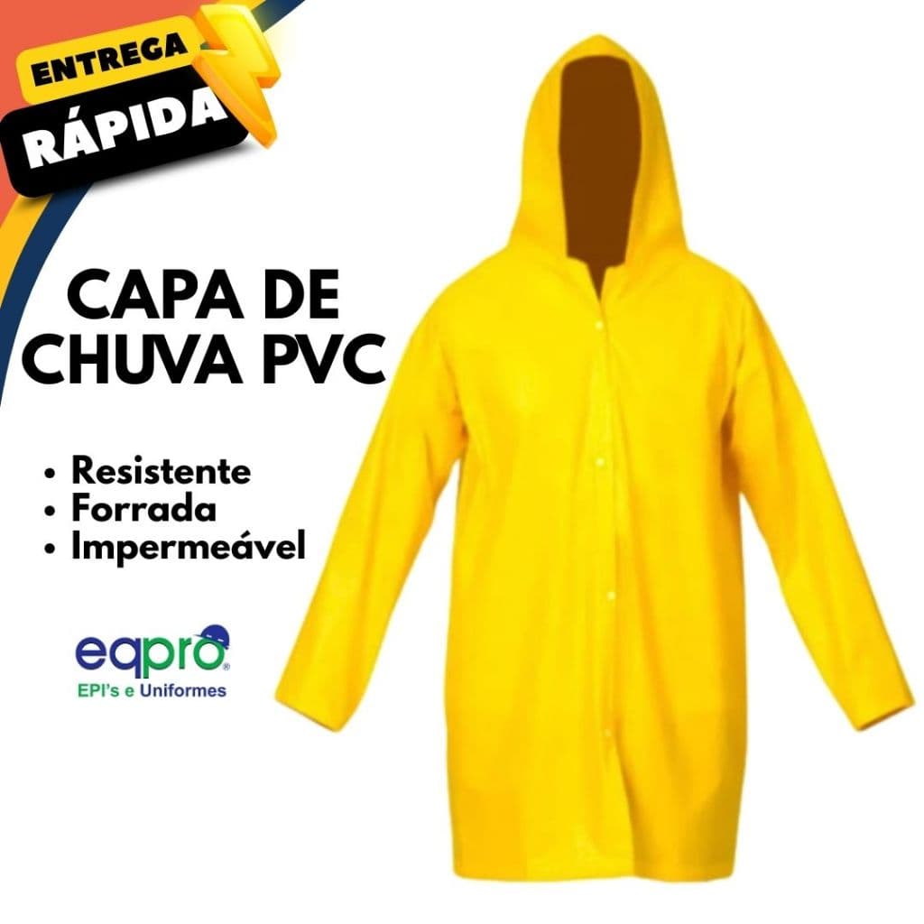 Capa de Chuva PVC Amarela Forrada EPI Costura Reforçada com Capuz Impermeável