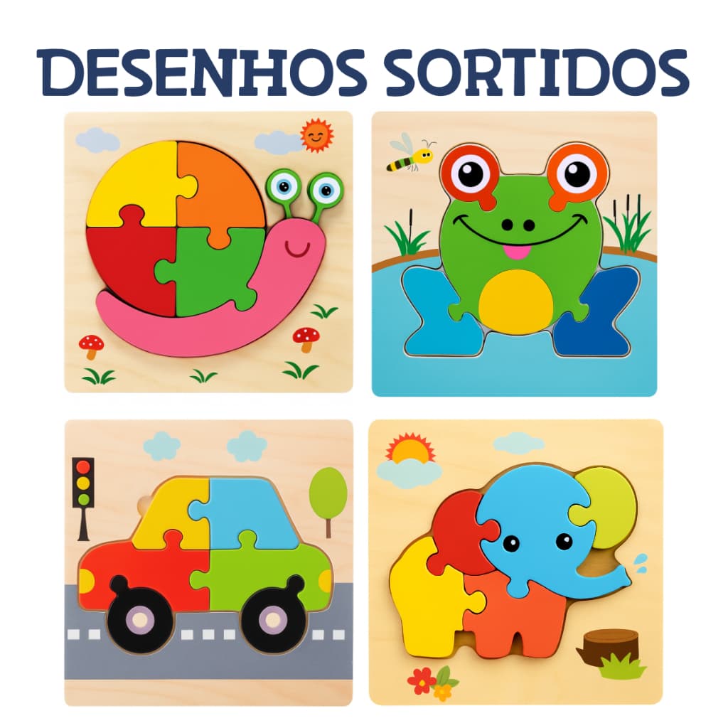  Quebra-Cabeças de Madeira Infantil Sortidos Animais Formas e Personagens Coloridos Educativo