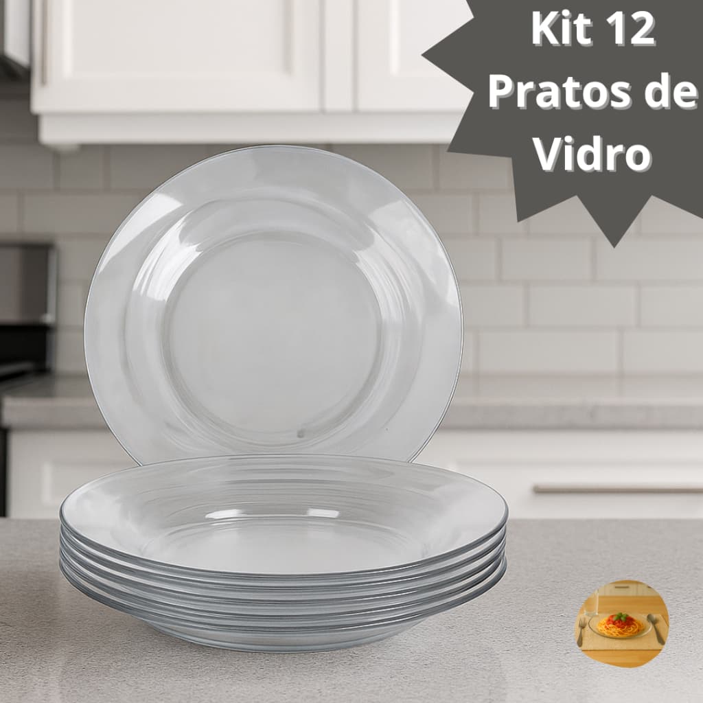 Jogo De Prato Fundo De Vidro Resistente Kit 12 Prato Almoço Jantar Mesa Restaurantes Bar