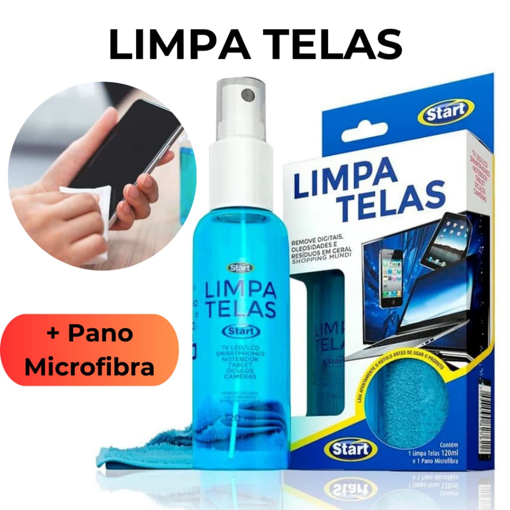 Kit Limpa Telas 120ml com Pano Microfibra Ideal Celular TV Notebook Remove Sujeira Sem Danificar