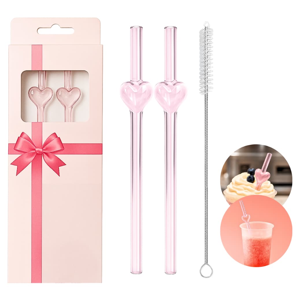 Kit 2 Canudos De Vidro Coração + 1 Escova Reutilizáveis