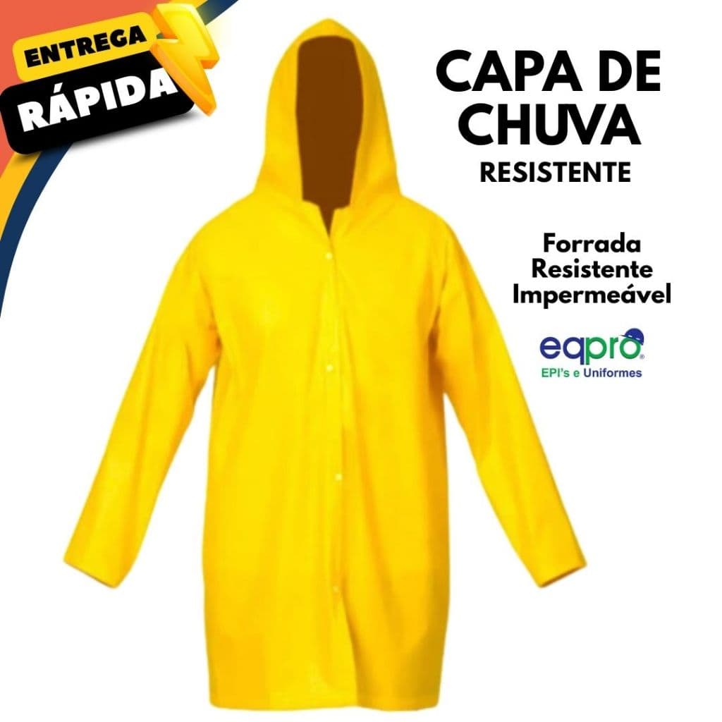 Capa De Chuva Amarela Impermeável PVC Forrado Com Capuz Proteção Segurança EPI