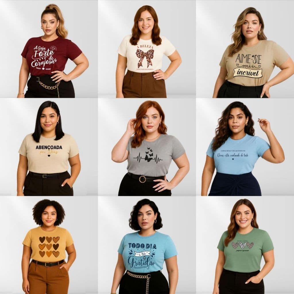 Kit 5 Blusa Plus Size Feminina Manga Curta Gola Redonda Básica Casual