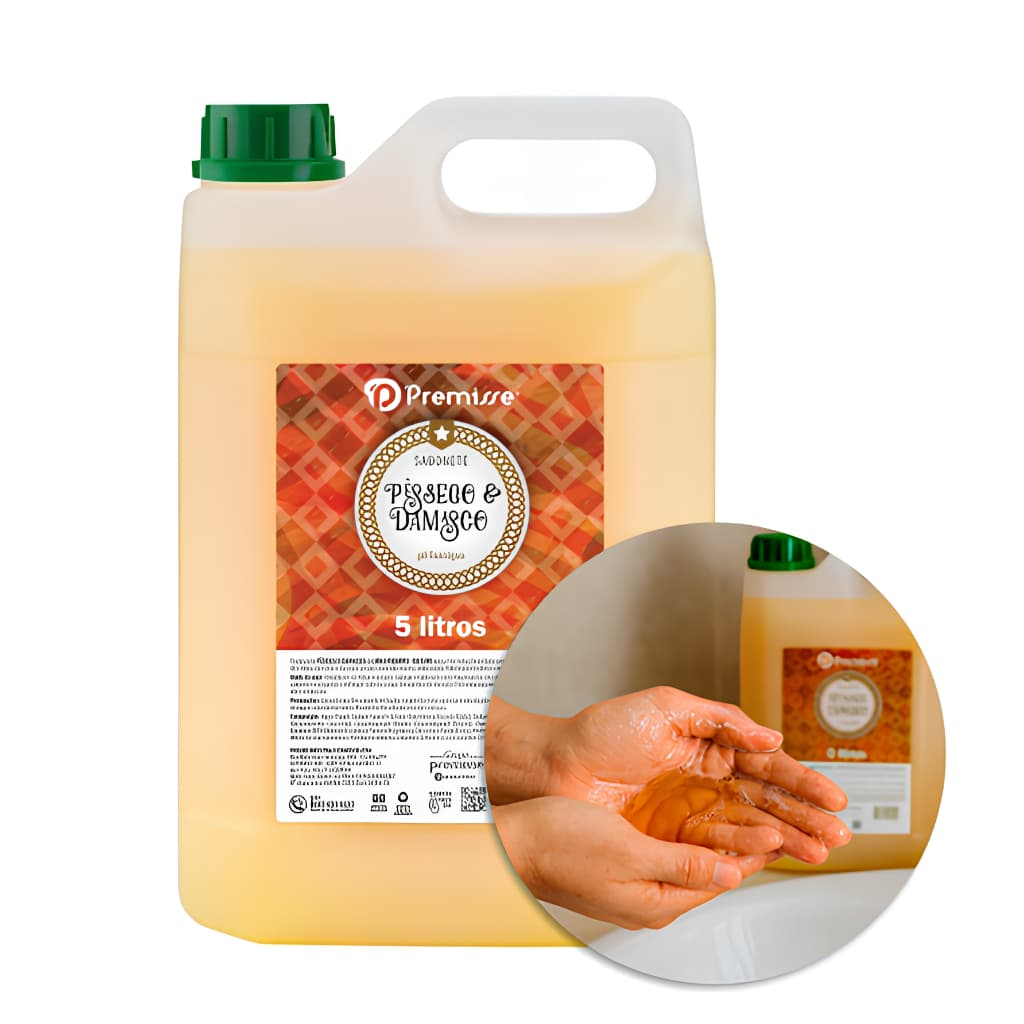 Sabonete Líquido Pessego e Damasco Deoline Premisse 5 Litros Para Mãos, Rosto e Corpo