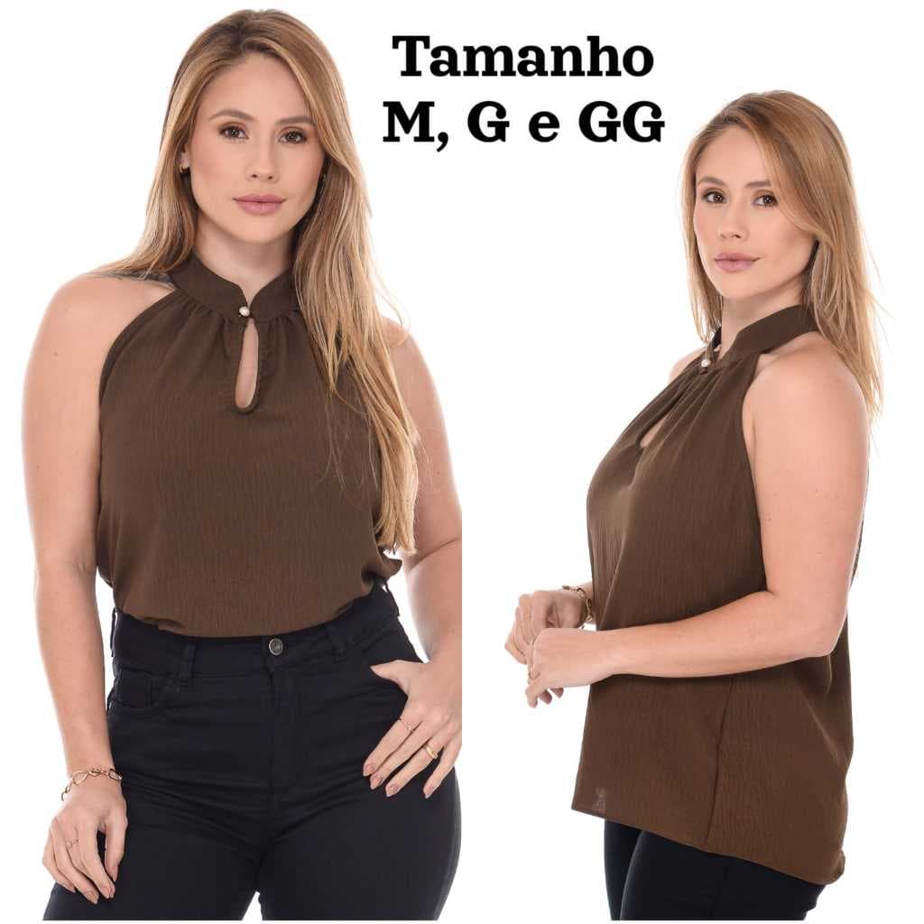 Blusa Feminina Regata Elegante Gola Alta com Detalhe em Pérola Botão