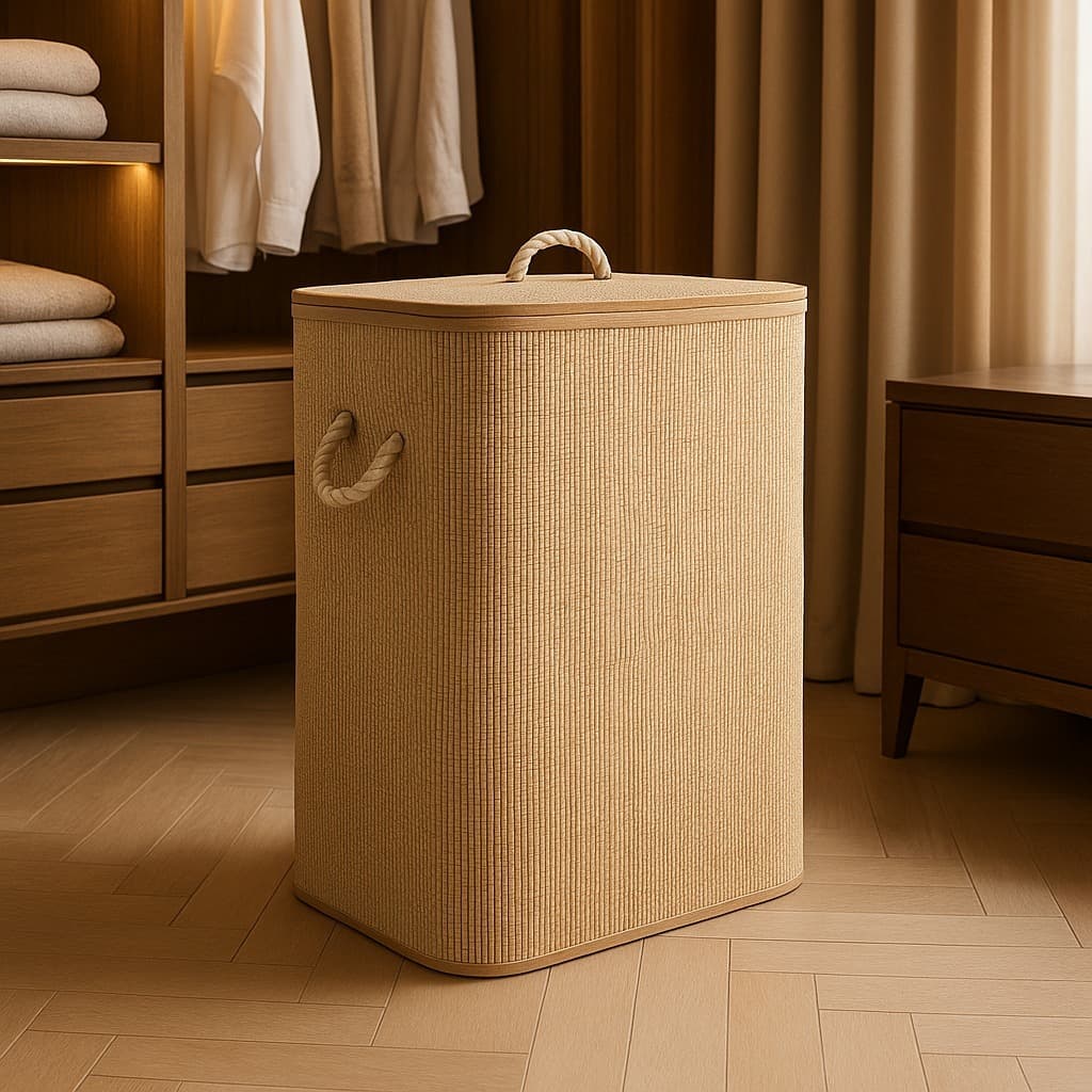 Cesto Bambu Dobrável Lyor 60l Tampa Roupa Suja Organizador Bege