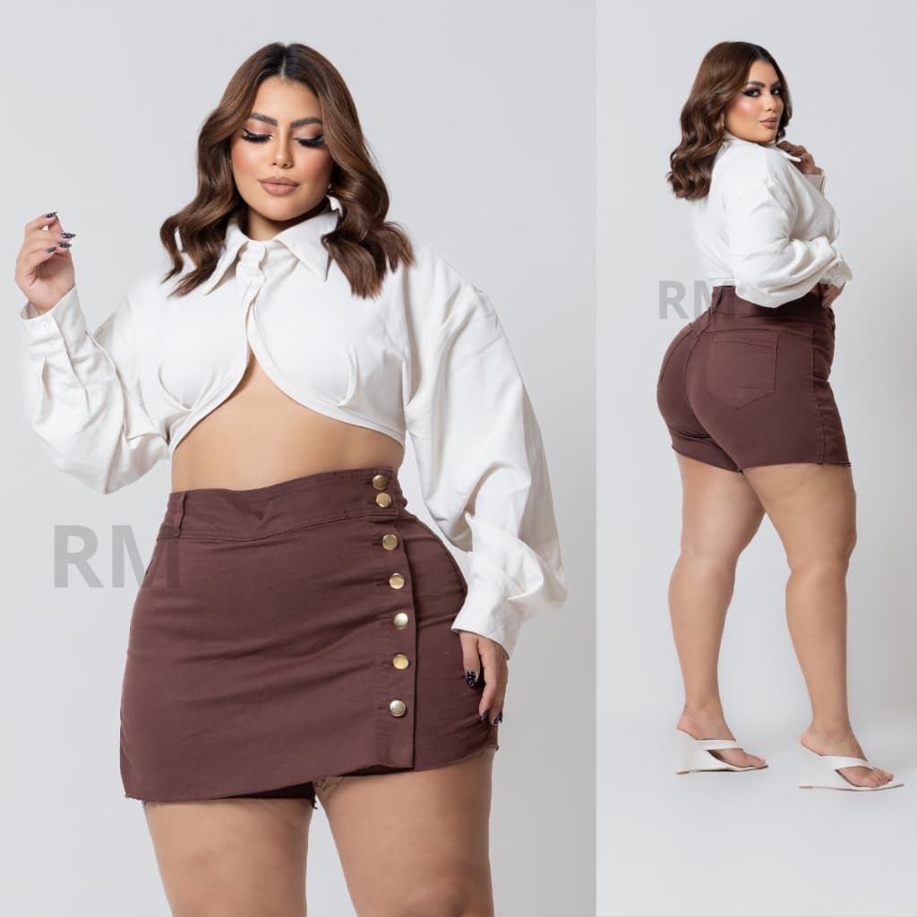 Shorts Saia Jeans Feminino Plus Size C/ Lycra Cintura Alta barra desfiada