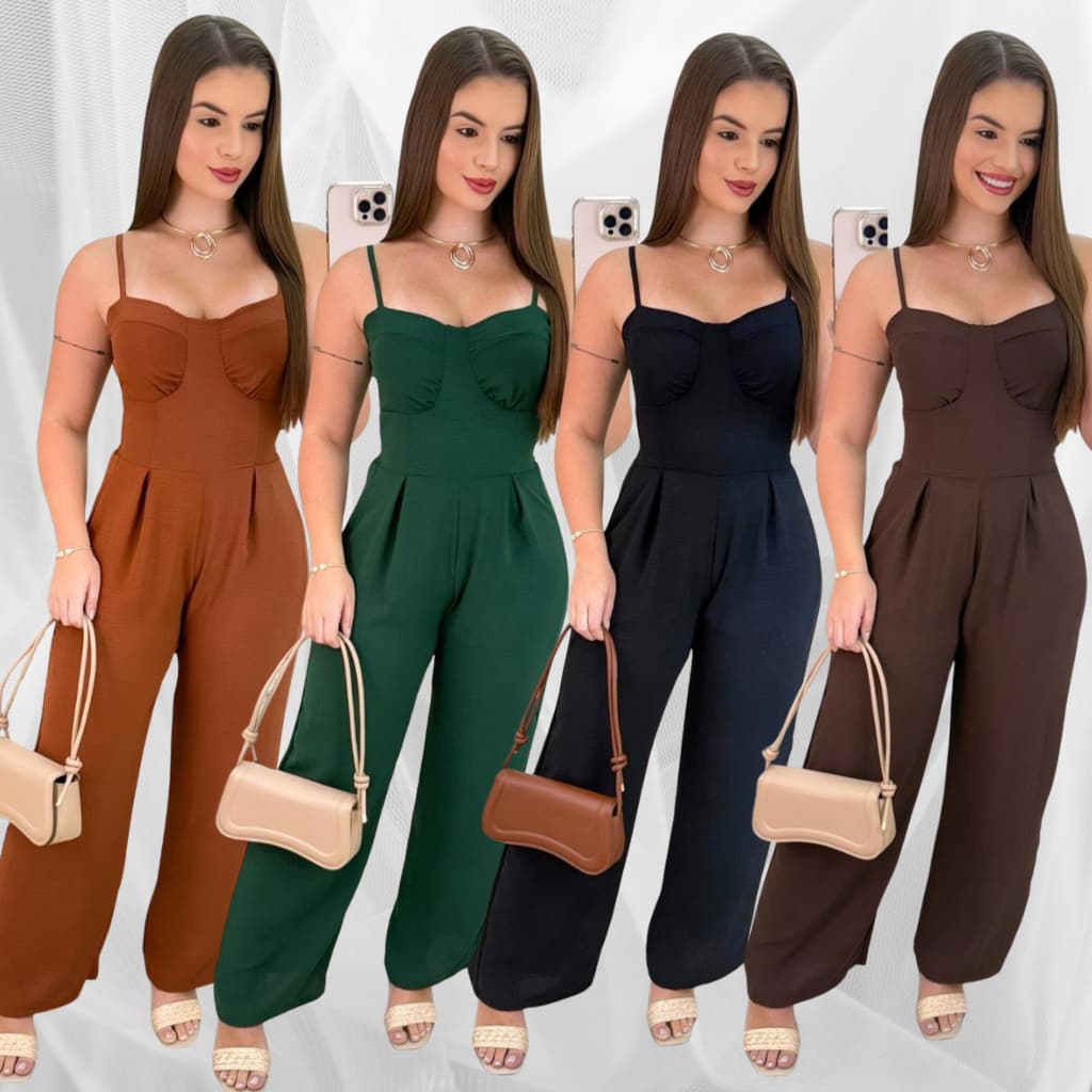 Macacão Pantalona Casual Elegante Feminino Alças Reguláveis em Tecido Duna Moda Chic Tendencia 2025