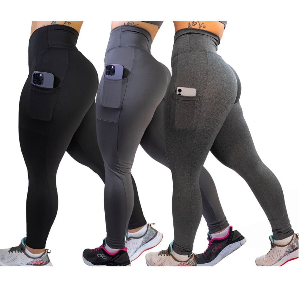 Kit 3 Calças C/ Bolso Cintura Alta Reforçada Caminhada Fitness