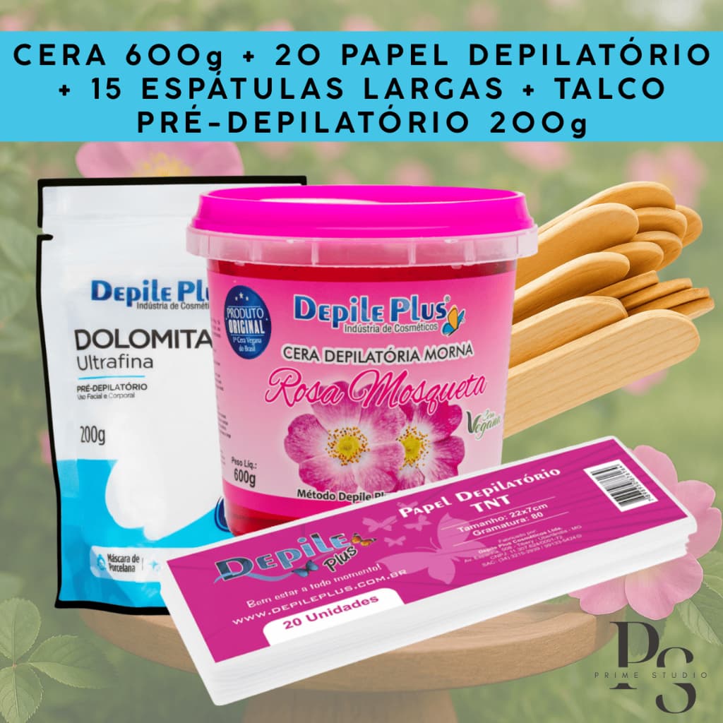 Kit Cera Depilatória 600g Depile Plus + 20 Papel Depilação + 15 Espátulas  + Talco 200g Dolomita