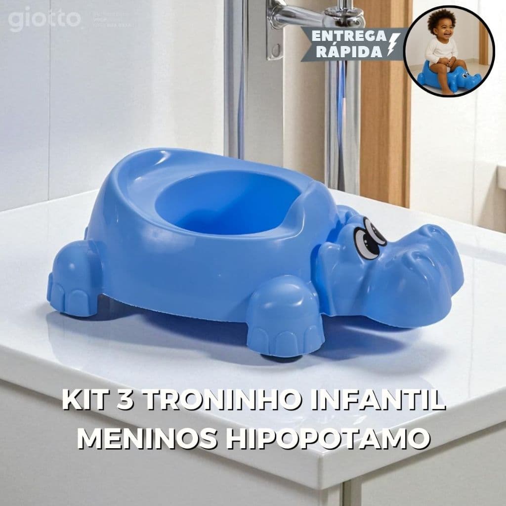 Kit 3, 2 e 1 Troninho Infantil Azul hipopotamo Criança masculino Desfralde meninos banheiro penico