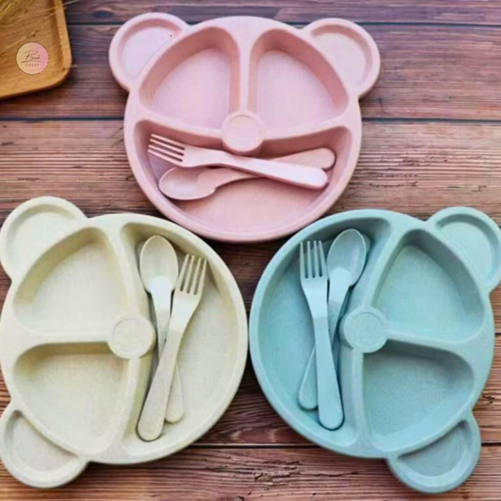 Prato Urso com 3 Divisórias Infantil Com talheres Colorido kit Alimentação Criança fofo blw