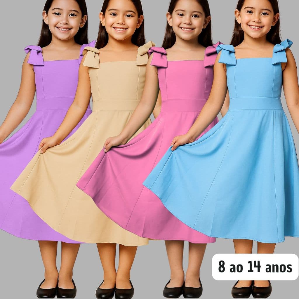 Vestido Infantil Juvenil Feminino  Midi com Laço festa moda evangélica 4, 6, 8, 10, 12, 14, 16  com forro