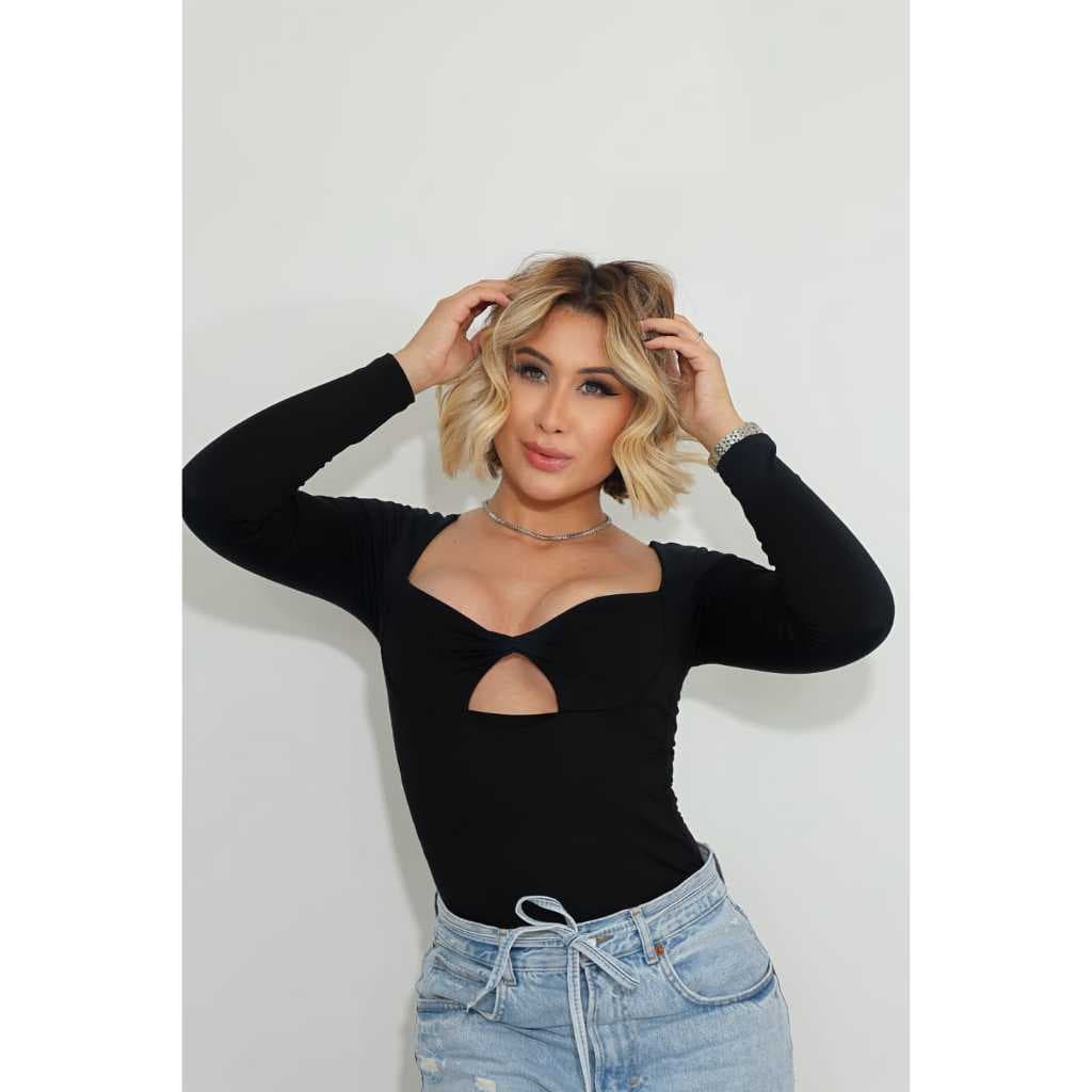 Body Feminino Manga Longa Suplex Justo Decote Sexy  Moda Blogueira Balada