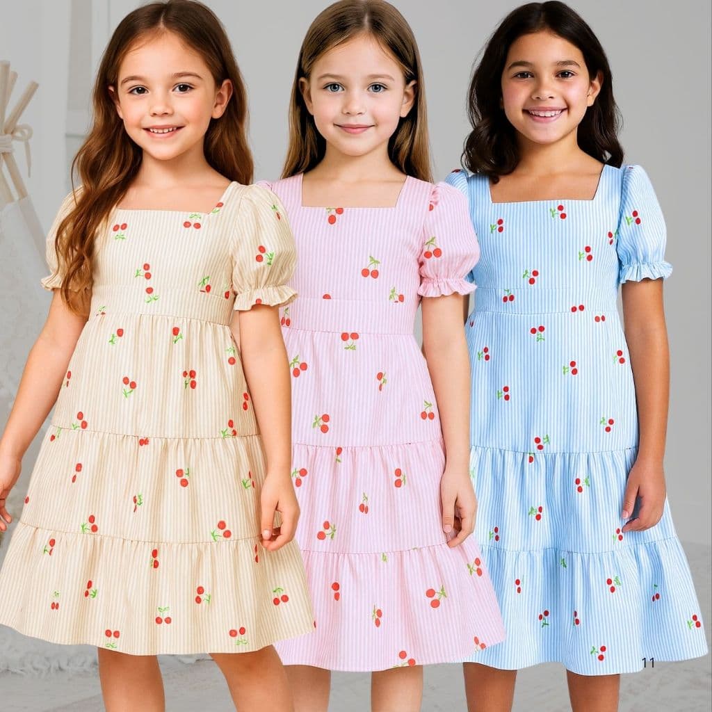 Vestido Infantil Feminino – Listras + Cerejas, Saia 3 Marias, tamanhos: 2 ao  16 anos