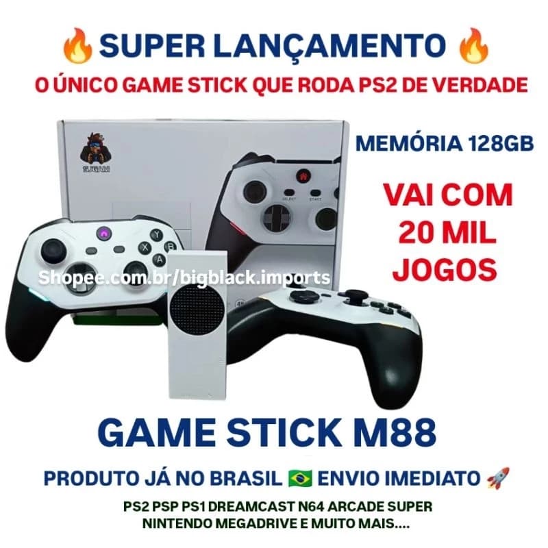 Game Stick M88 - 128GB + 2 Controles sem fio/ Roda Jogos de PS2 PS1 PS.P N64 Dreamcast e muito mais