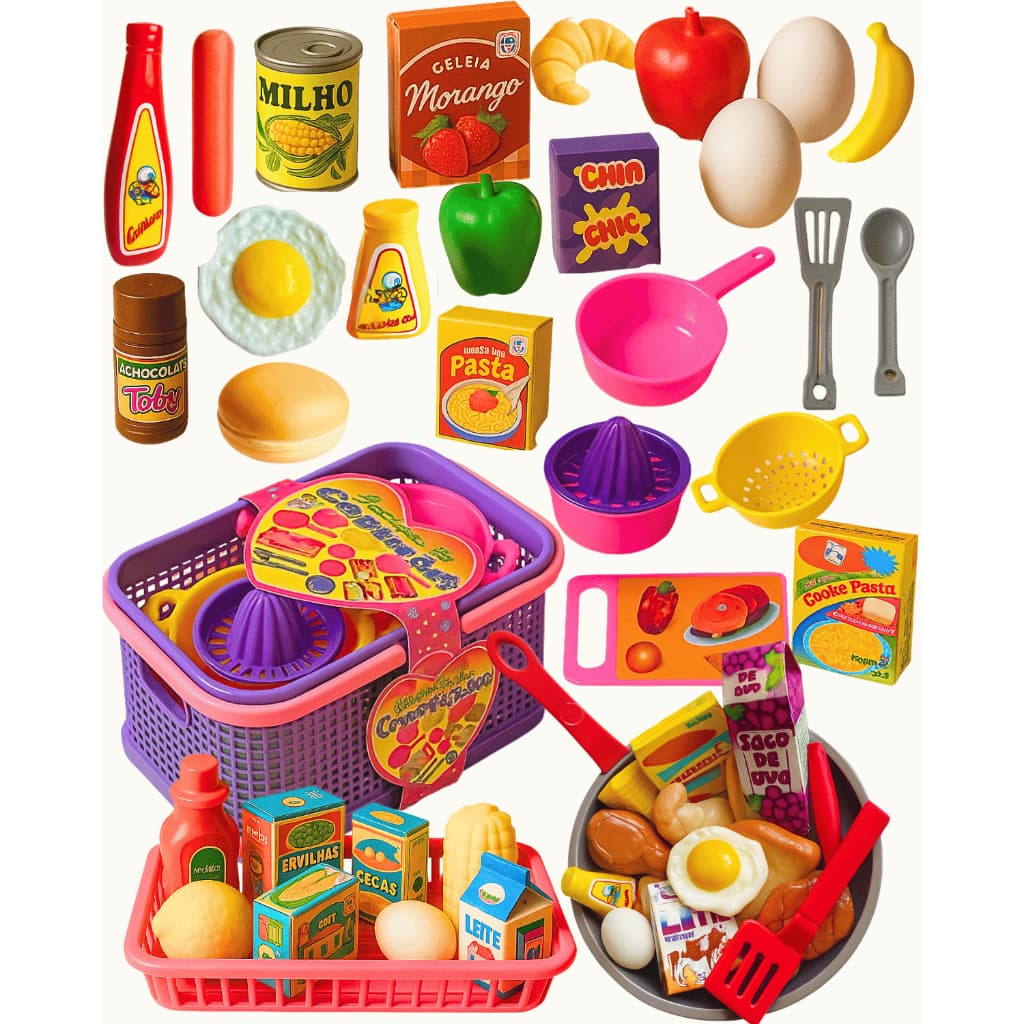 Kit Piquenique Brinquedo Infantil 44 Peças Legumes Frutinhas Panelinhas Mercadinho Cozinha Meninas
