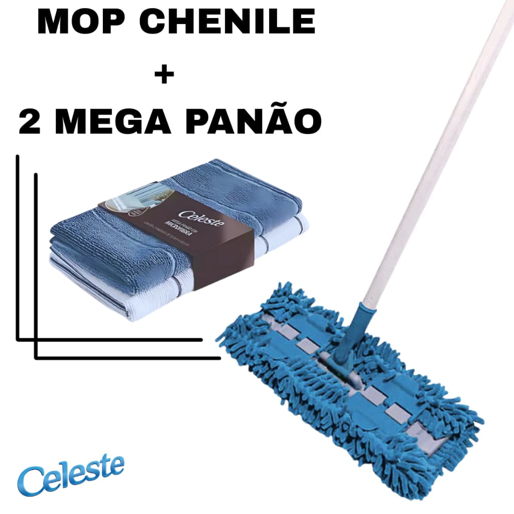 Kit Mop Chenile Mais Dois Mega Panão Celeste Cozinha Enxuga Automóvel Chão Limpeza Pano Casa