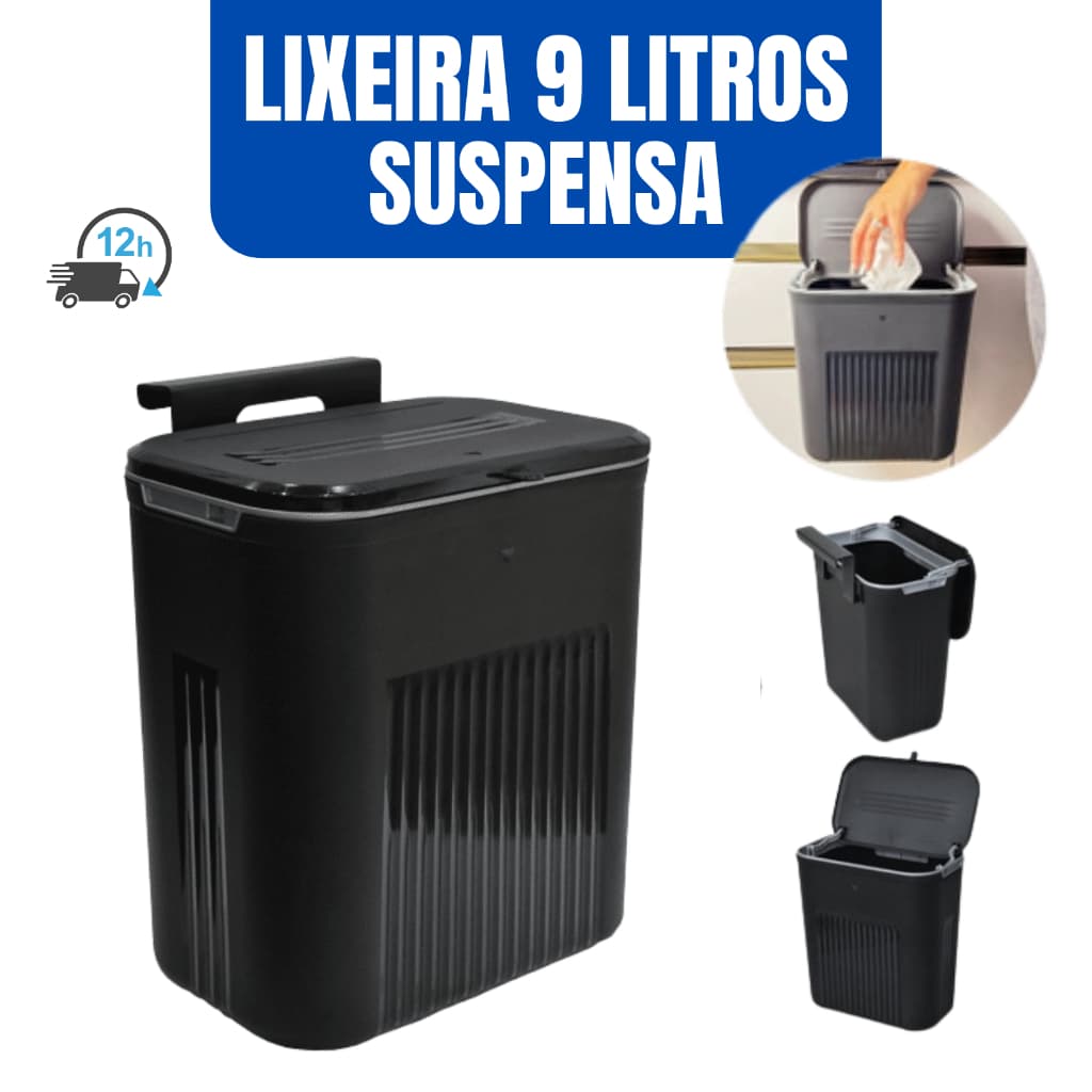 Lixeira Suspensa Com Tampa 9 Litros C/ Suporte De Adesivos E Alça De Pentura Para Cozinha E Banheiro