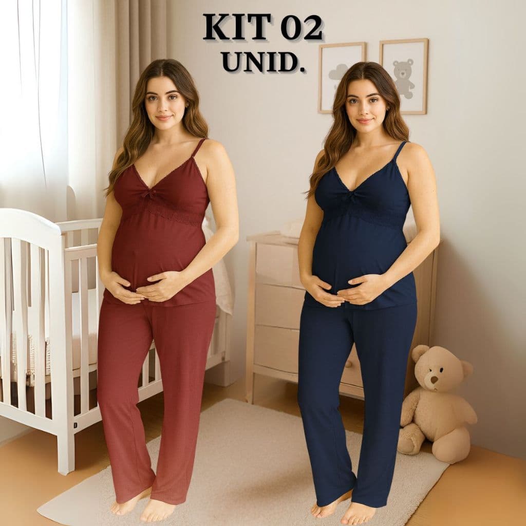KIT 02 Pijamas Amamentação com Renda e Blusa abertura em Click Alça Reforçada e CALÇA Maternidade.