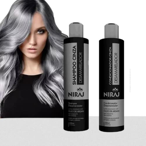 Kit Shampoo Cinza + Condicionador Desamarelador Niraj Silver Cinza 200ml Cabelos Grisalhos e Loiros
