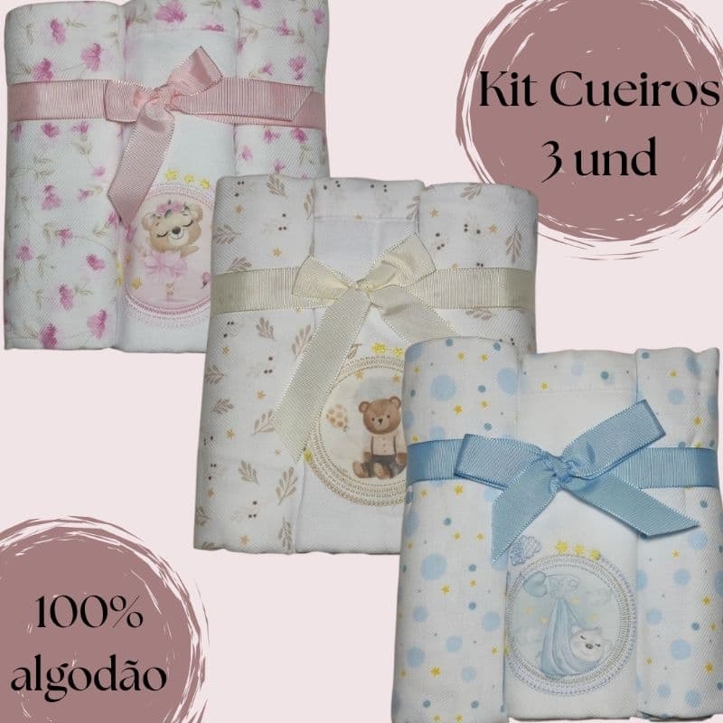 Kit de cueiros, 3 cueiros, 80 x 80, bordado.