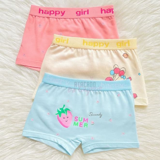 Kit 4/2 Calcinha Girl Boxer Algodão Conforto Moda Lingerie Infantil Cueca Menina