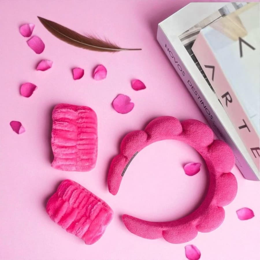 KIT 3 Peças Com um Par de Pulseiras + Tiara Nuvem Almofada Para Lavagem Facial Maquiagem Skin Care