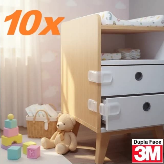10 Travas de Gaveta Lateral Transparente Dupla Face 3M - Segurança Bebê