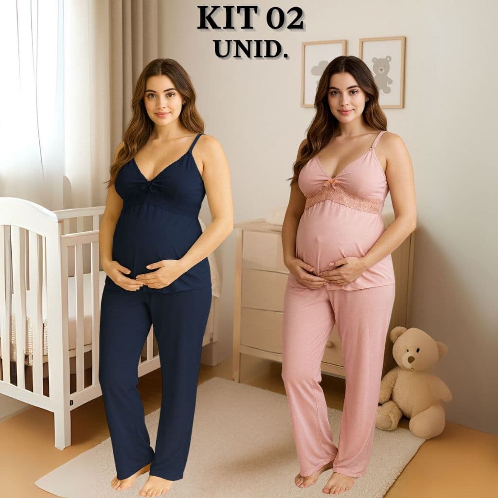 KIT 02 Pijamas Amamentação com Renda e Blusa abertura em Click Alça Reforçada e CALÇA Maternidade.