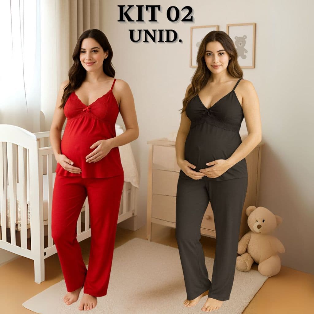 KIT 02 Pijamas Amamentação com Renda e Blusa abertura em Click Alça Reforçada e CALÇA Maternidade.