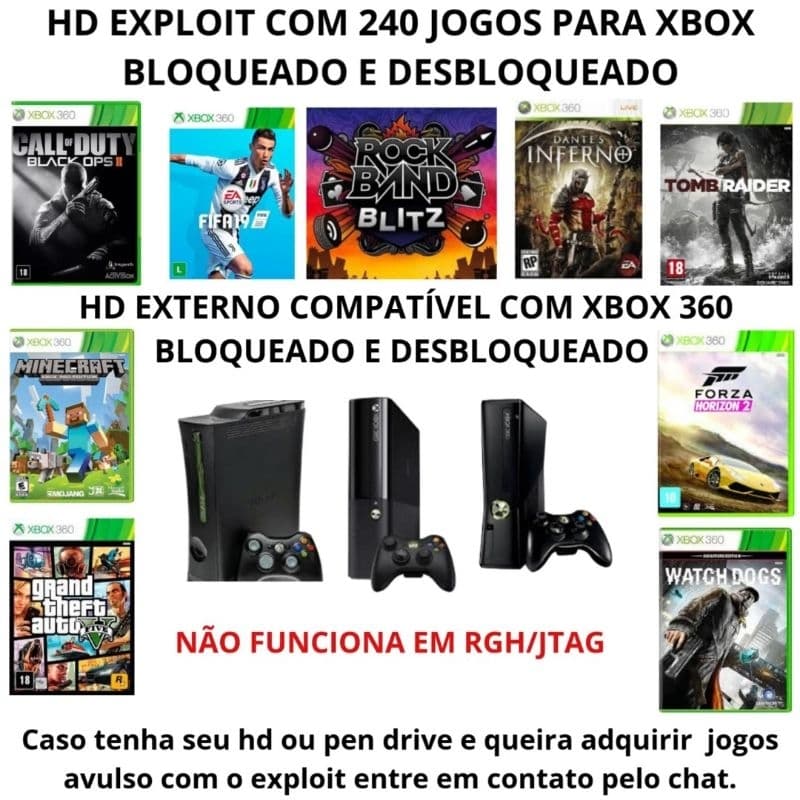 HD EXPLOIT PARA XBOX 360 BLOQUEADO E DESBLOQUEADO COM 240 JOGOS.