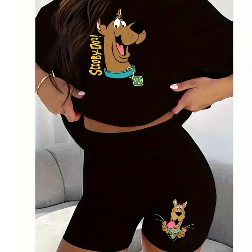 CONJUNTO FEMININO ACADEMIA CAMISETA+BERMUDA CÓS ALTO ZERO TRANSPARENCIA SCOOBY-DOO