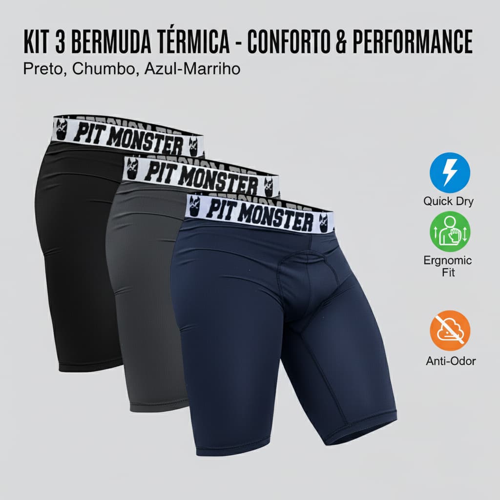 Kit 3 Bermudas Térmica Segunda Pele Microfibra Short de compreensão Atividades físicas