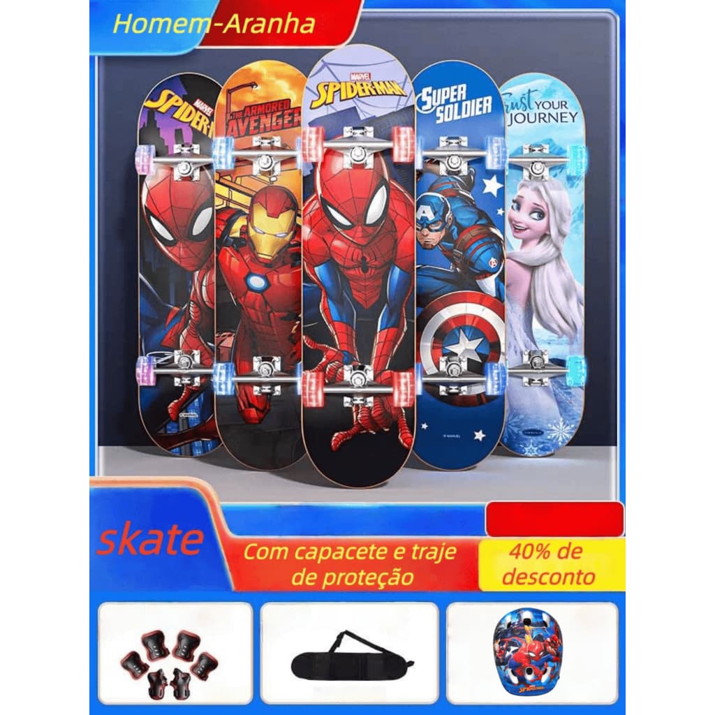 Skate Infantil Radical Antiderrapante Homem Aranha Com Kit Segurança Menino e Menina 60CM Promoção