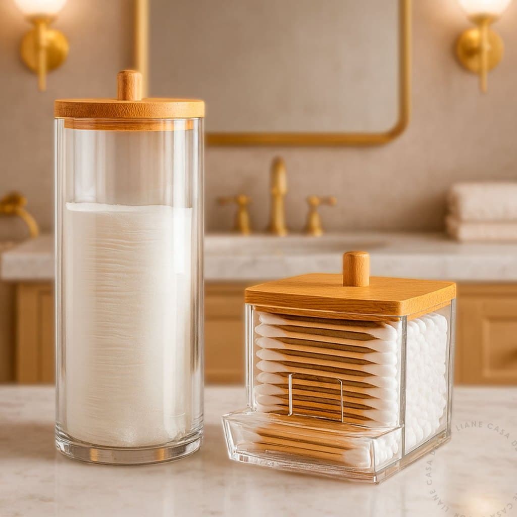 Organizador Cotonete E Algodão Tampa Bambu Acrilico