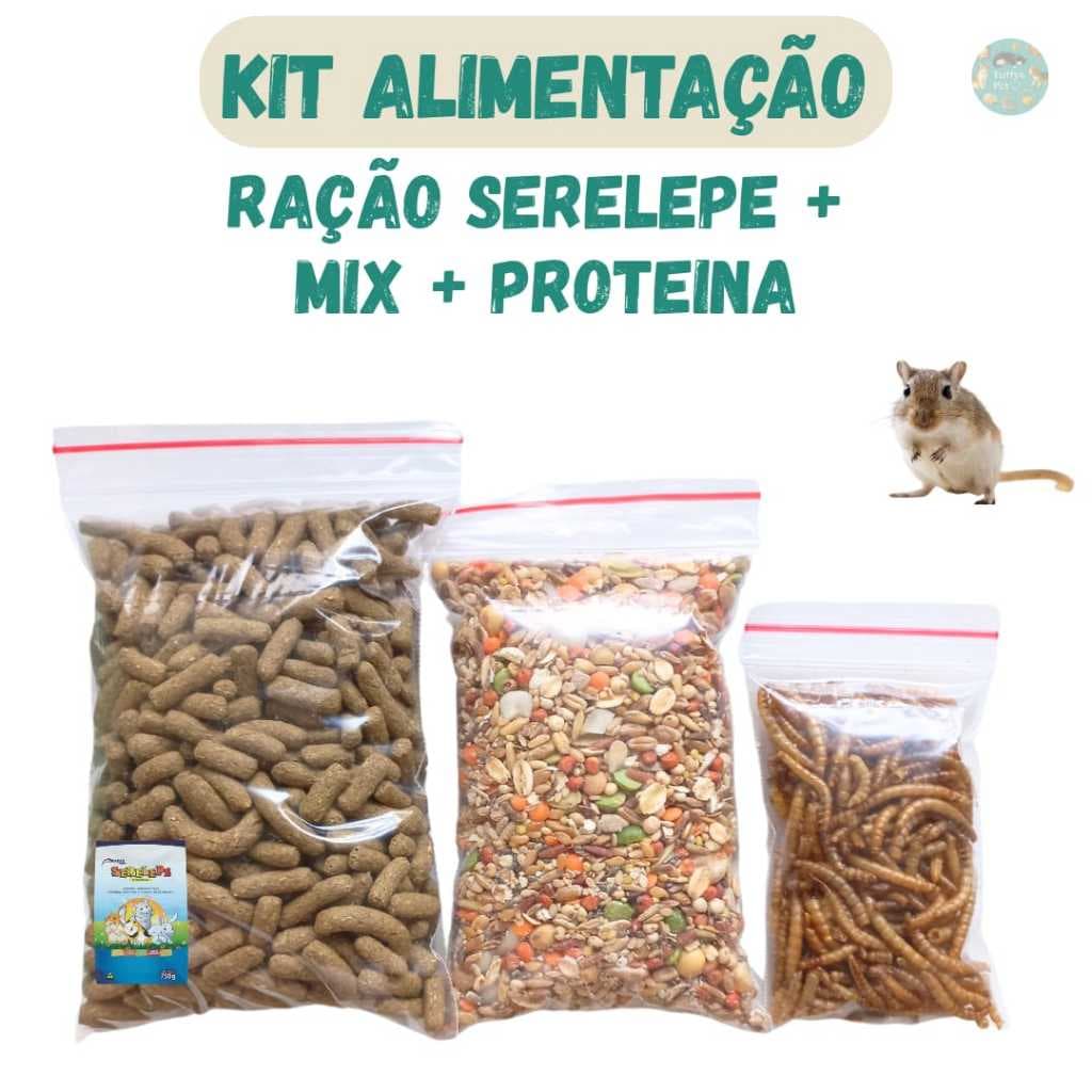 Kit Alimentação Roedores, Ração serelepe + Mix sementes e grãos + Proteina Tenébrio desidratato.