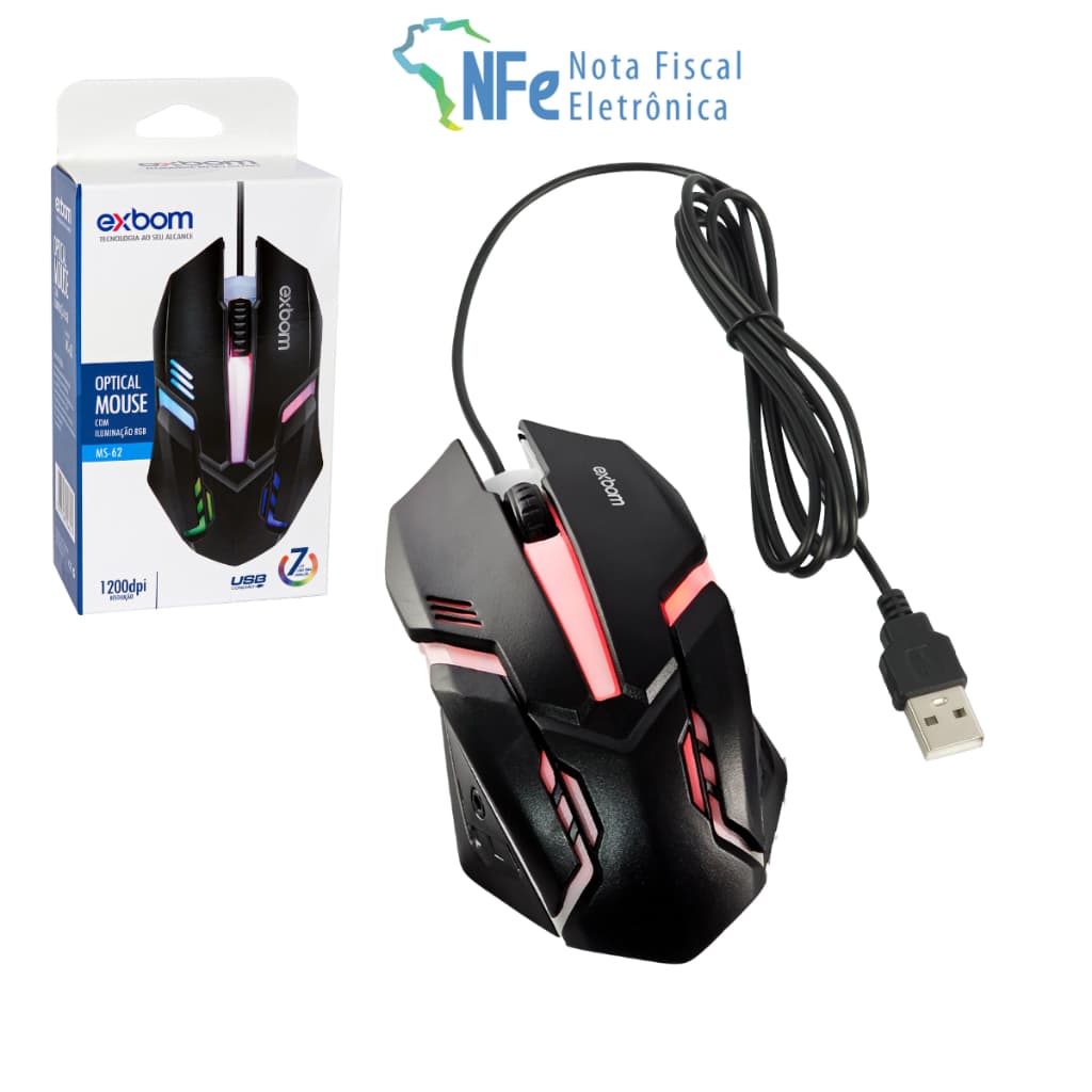 Mouse Óptico Gamer USB com Fio LED RGB 7 Cores 1200dpi 4 Botões para Pc Notebook Tv Xbox Playstation
