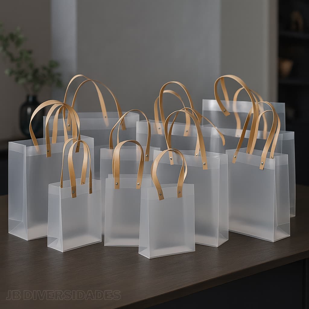12 Sacola Transparente Fosca de PVC com Alça  de couro Decoração presentes