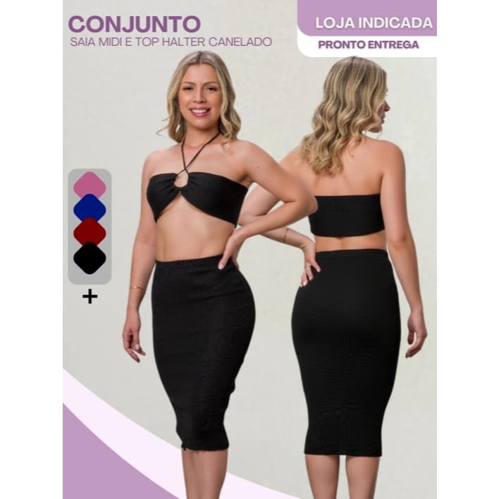 Conjunto Feminino Malha Canelada Top Halter com Argola + Saia Midi de Cintura Alta
