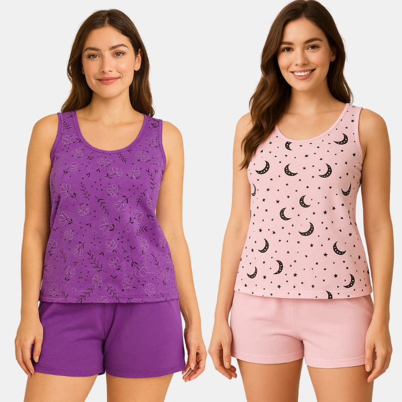 Conjunto Pijama Baby Doll Regata Alça Larga Short Doll Feminino Confortável, Estampado, Verão - sono