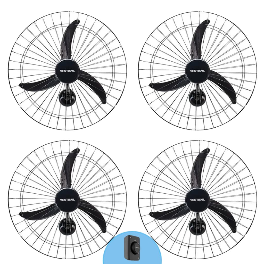 Kit 4 Ventiladores De Parede 60cm Diâmetro Forte Ventisol 3 Pás Preto Potente Igreja Academia Lojas
