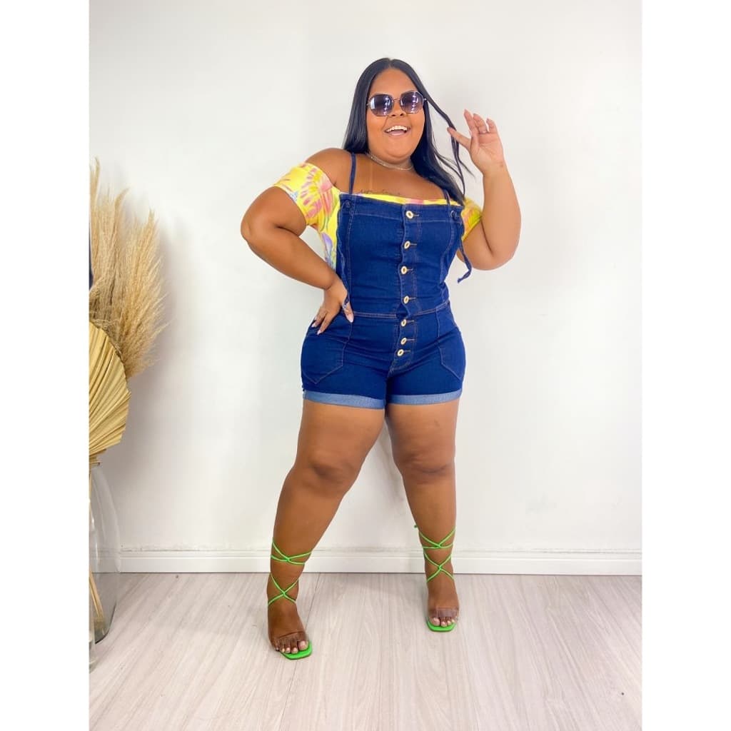 Jardineira Alças de Amarrar Fecho em Botões Barra Dobrada