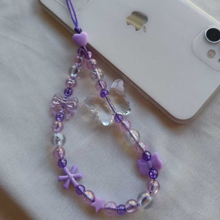 Strap Phone com Miçangas Coloridas com Borboleta Pulseira para Celular Antiqueda