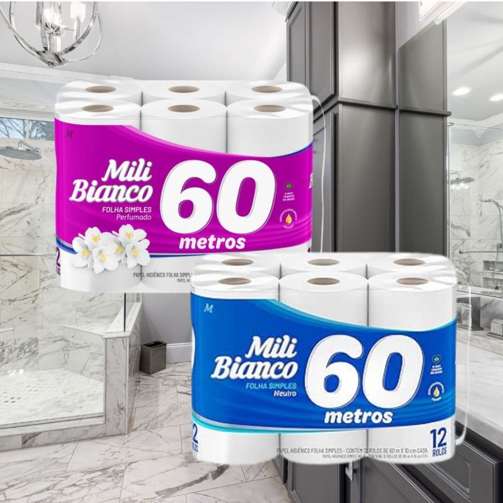 Papel Higiênico Mili Bianco 60 Metros com 12 Rolos - Folha Simples Neutro e Perfumado
