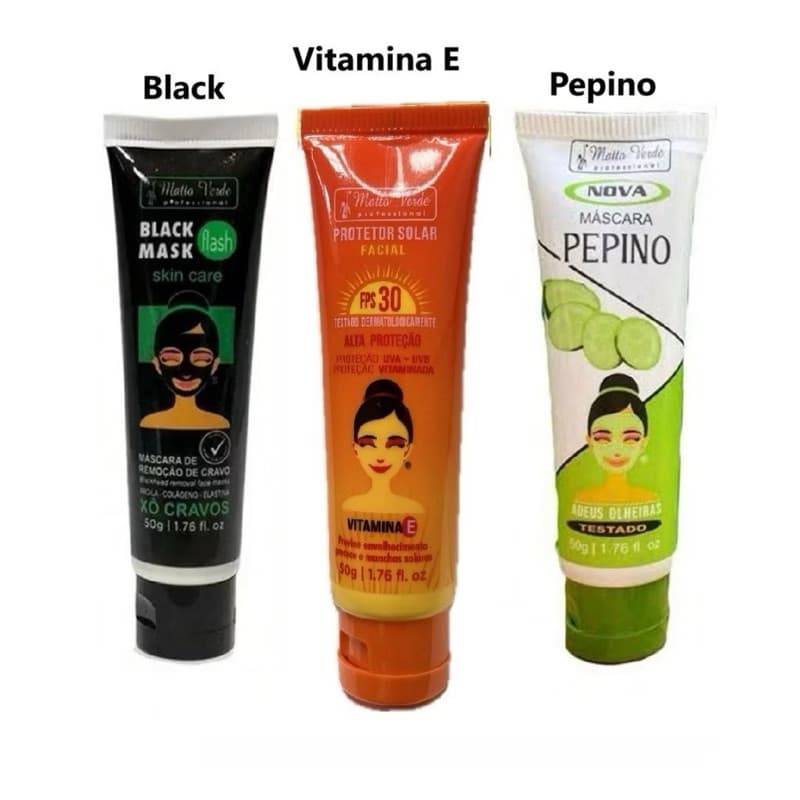 Kit 3 Máscaras Faciais matto verde Black + Vitamina E + Pepino 50g Cada – Pele Limpa e Hidratada