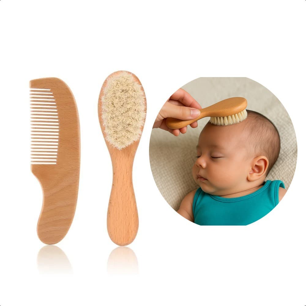 Kit Escova + Pente Bebê Bambu Cerdas Macias Natural Sustentável