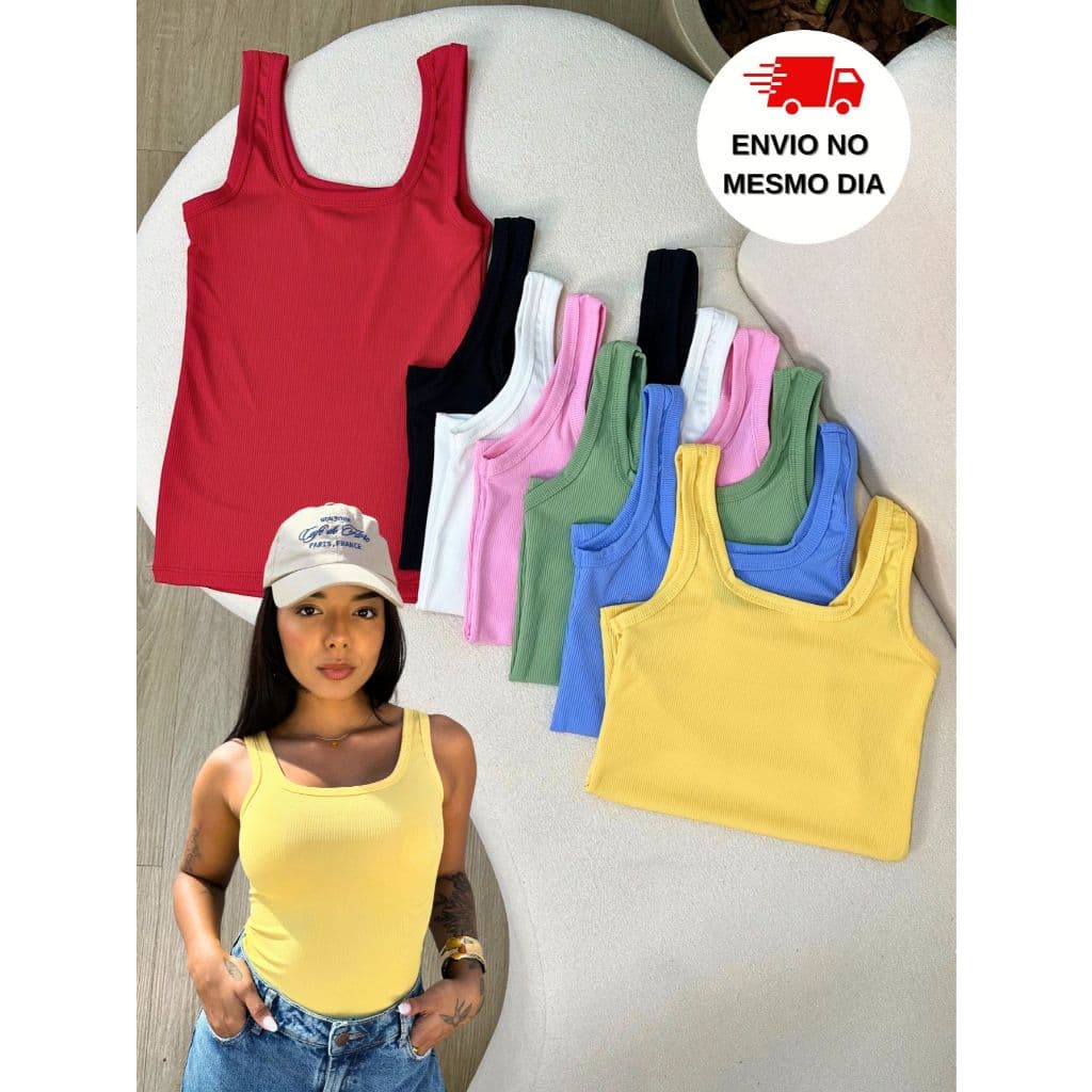 Blusa Basica Regata Feminina com Decote Quadrado Canelada Ribaninha | ENVIO IMEDIATO