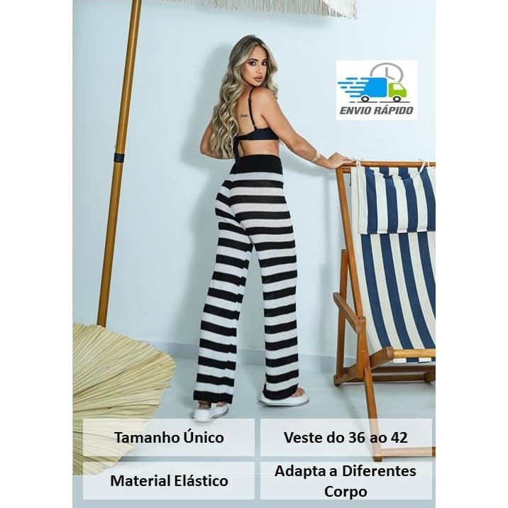 Calça Saída de Praia Listrada  Pantalona de Tricot para Piscina saida tricô listra trico lista